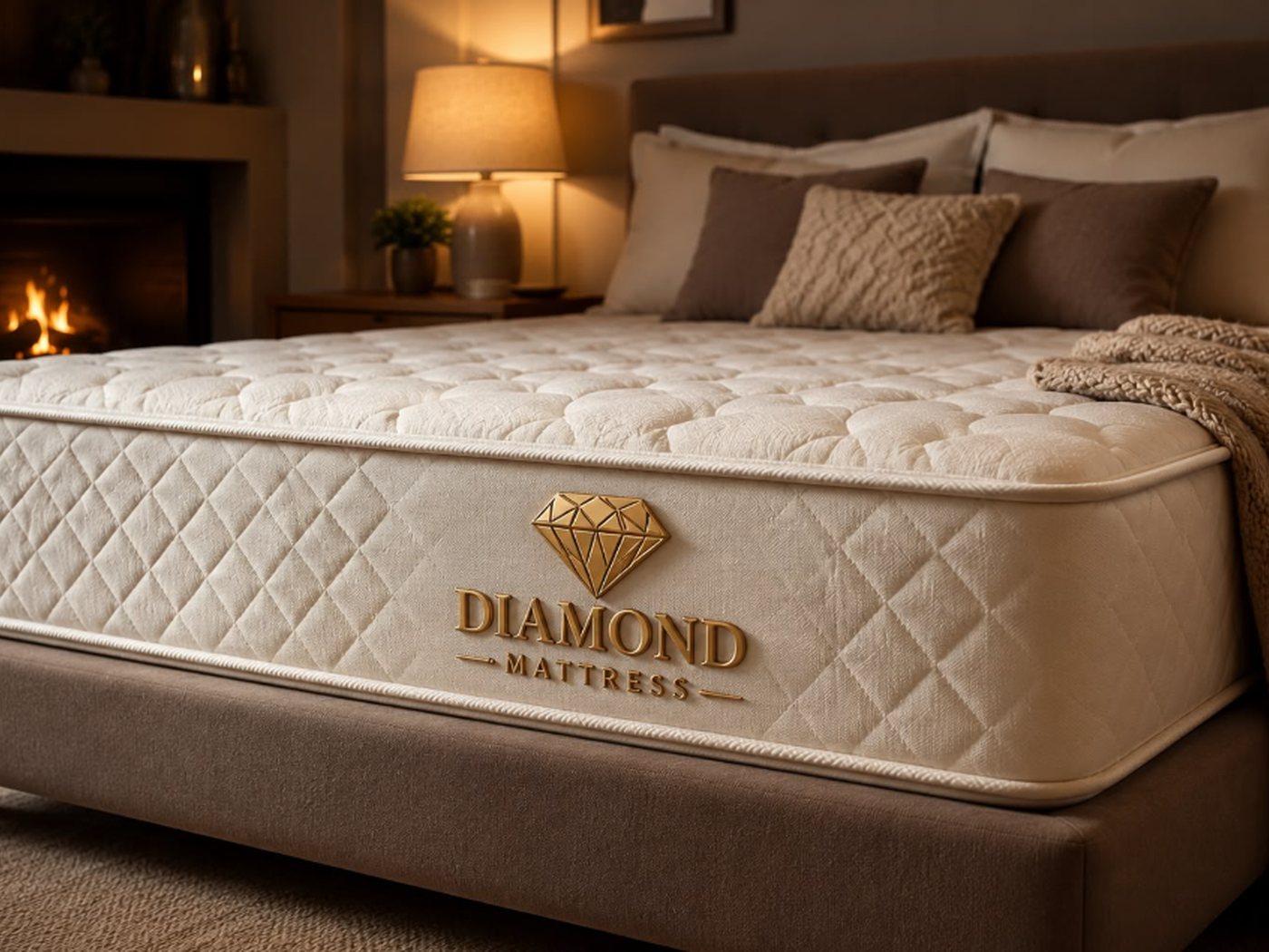 Diamond Mattress UK pocket spring mattress on a bed in a warm, lamp-lit bedroom